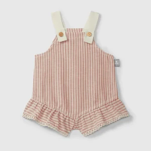 Salopette in tessuto rigato e dettaglio ricamo inglese